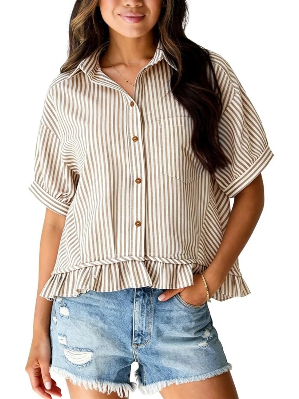 Cropped Striped Button Down Shirt - Ruffle Peplum Top for Women, Stylish